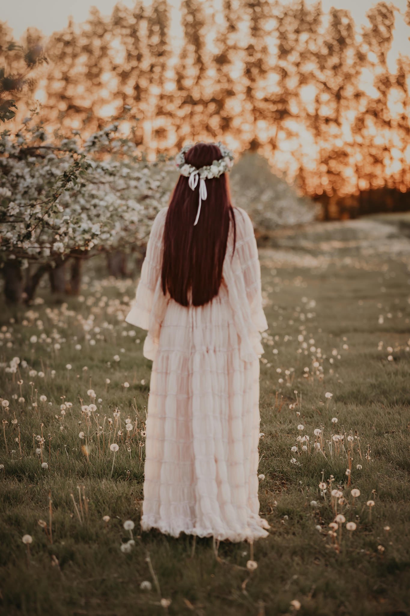 Gravid kvinna i ljus, flödande klänning och blomsterkrans som står i blommande natur i Skåne under mjukt kvällsljus.